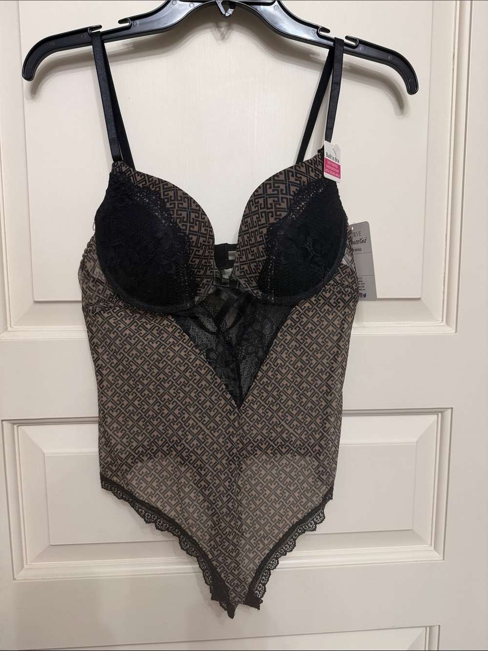 Black Lace-Trim Patterned Bodysuit Chemise - Women's Intimates